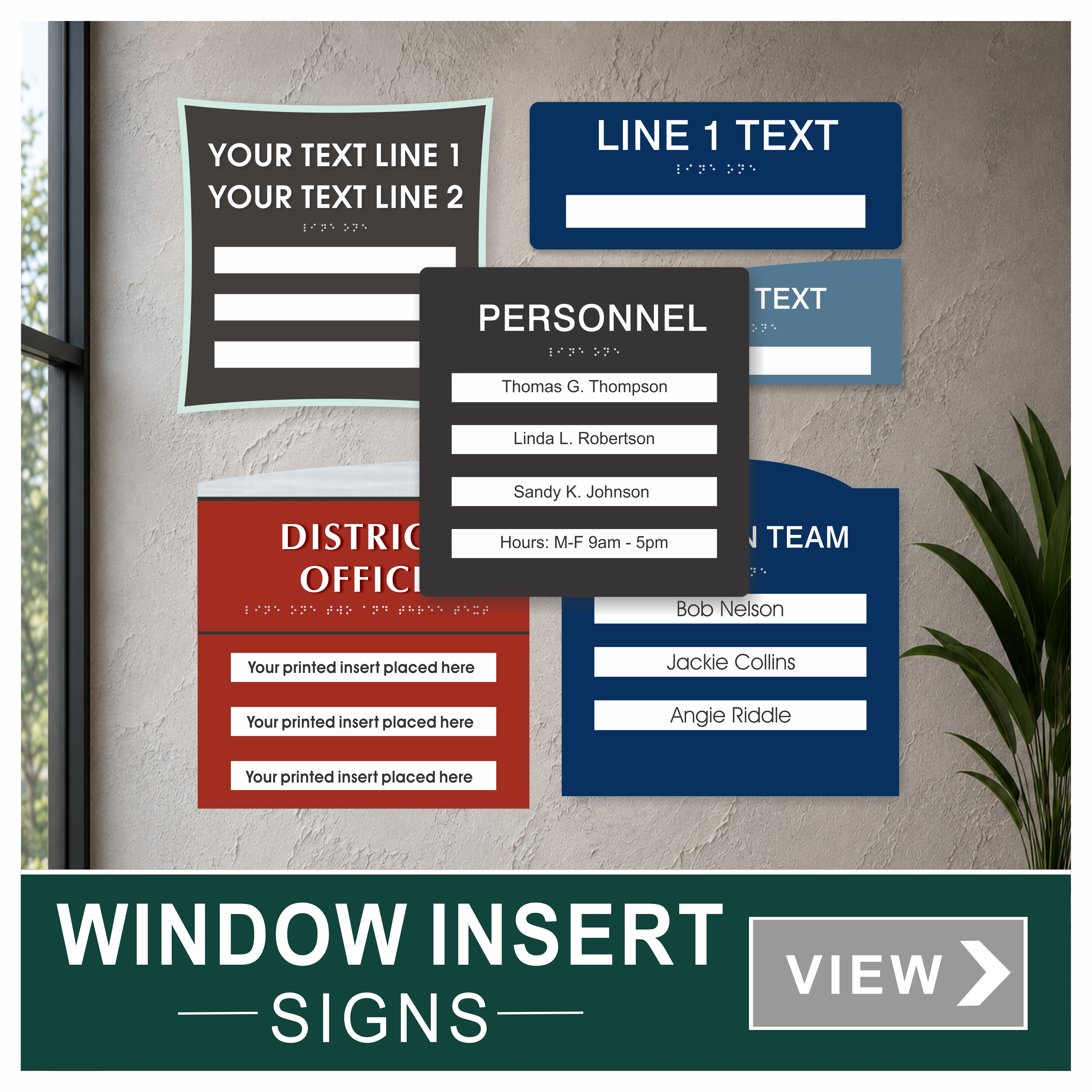 ADA complian custom window name insert signs in unique designer themes